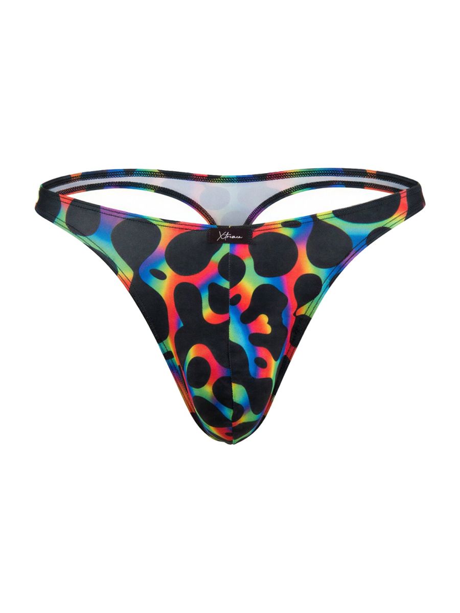 Xtremen 91284 microfiber thong in mushroom color with vibrant rainbow leopard print and black spots, sleek and form fitting design