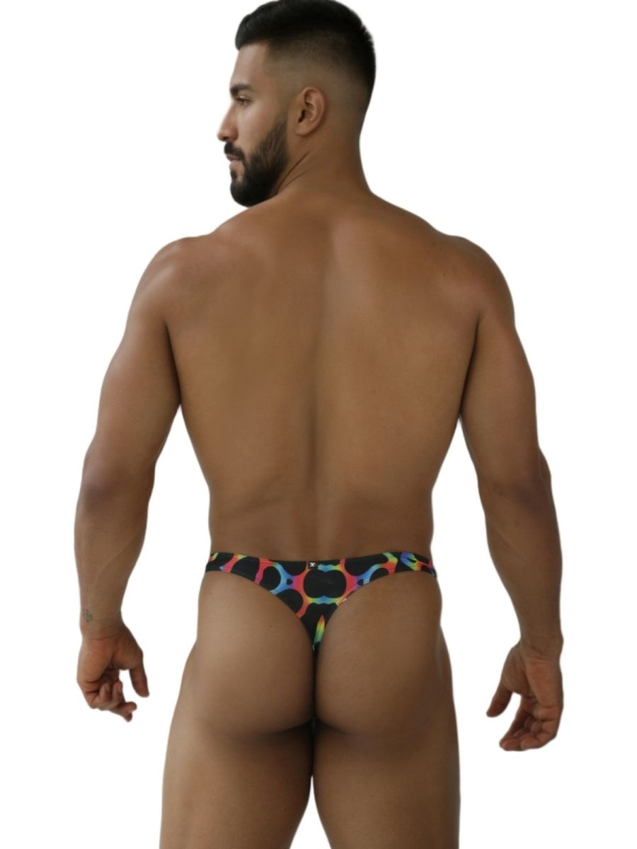 Xtremen 91284 printed microfiber thong in black with vibrant rainbow circular patterns and mushroom color accents