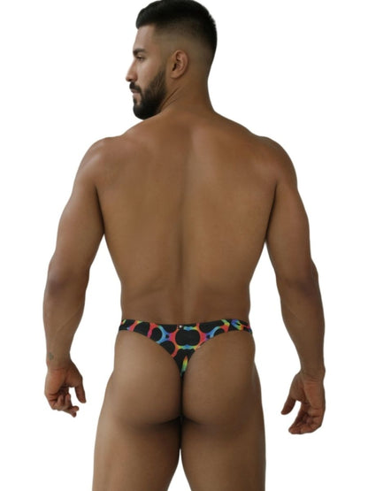 Xtremen 91284 printed microfiber thong in black with vibrant rainbow circular patterns and mushroom color accents