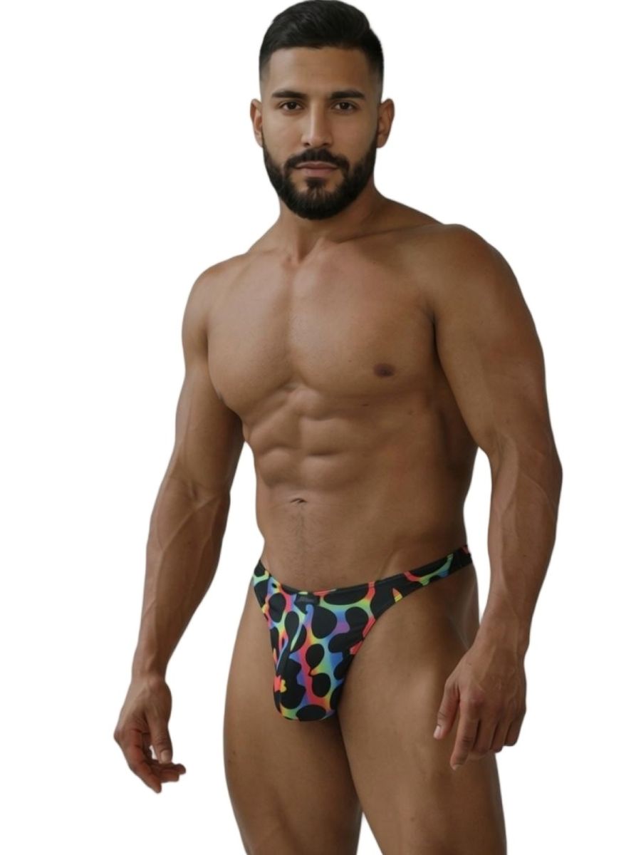 Men’s xtremen 91284 colorful leopard print microfiber briefs with vibrant multicolored pattern on black base