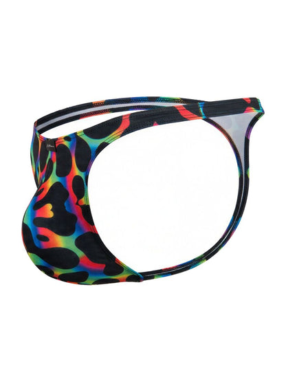 Xtremen 91284 printed microfiber thong in vibrant rainbow leopard print with black base and elastic waistband