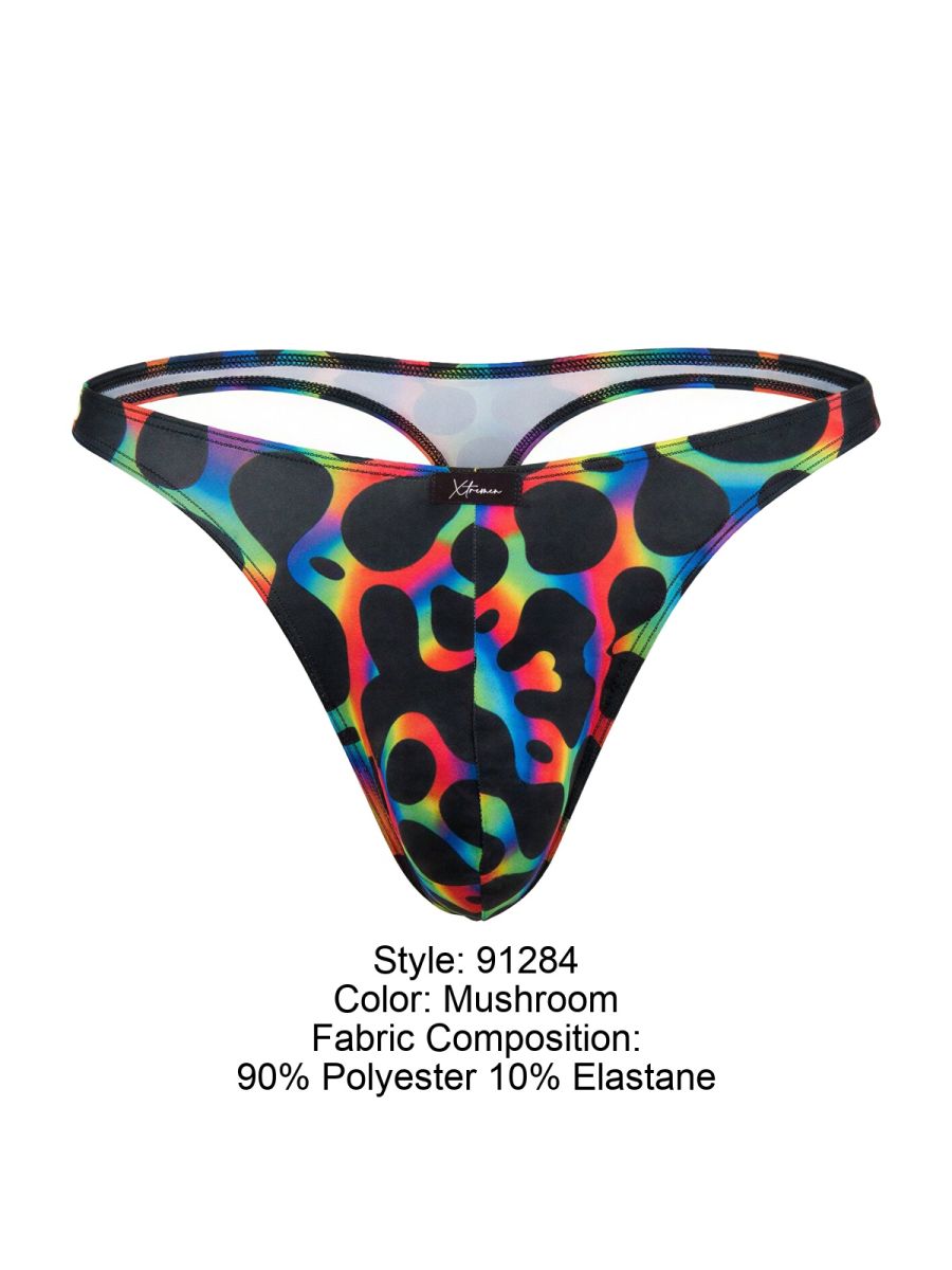 Vibrant rainbow leopard-print microfiber thong in mushroom colorway made of 90% polyester and 10% elastane