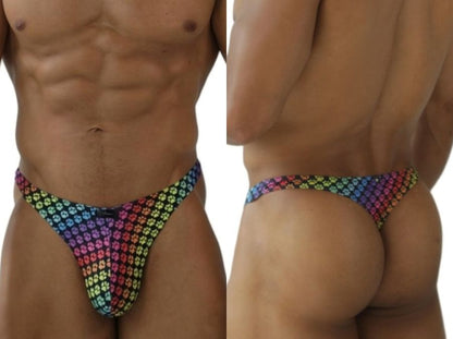 Xtremen 91284 printed microfiber thong in rainbow color with multicolored paw print pattern shown from the back side