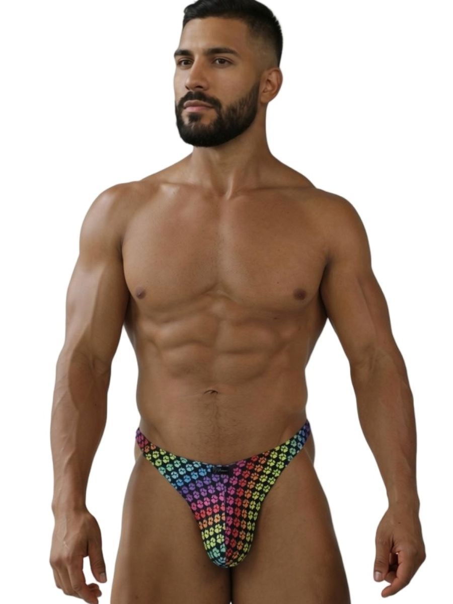 Xtremen 91284 printed microfiber thong in rainbow with small repeating skull pattern for bold style