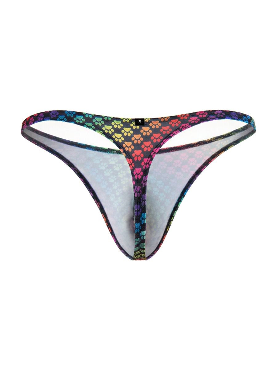 Xtremen 91284 printed microfiber thong with rainbow-colored paw print pattern and black trim sheer fabric
