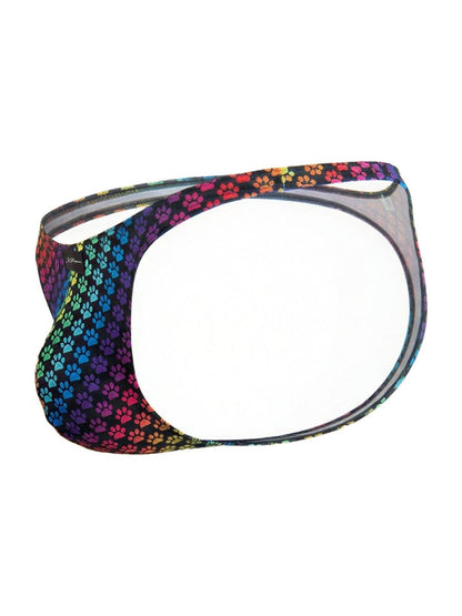Xtremen 91284 printed microfiber thongs with rainbow-colored paw print pattern and sheer mesh panel men’s briefs