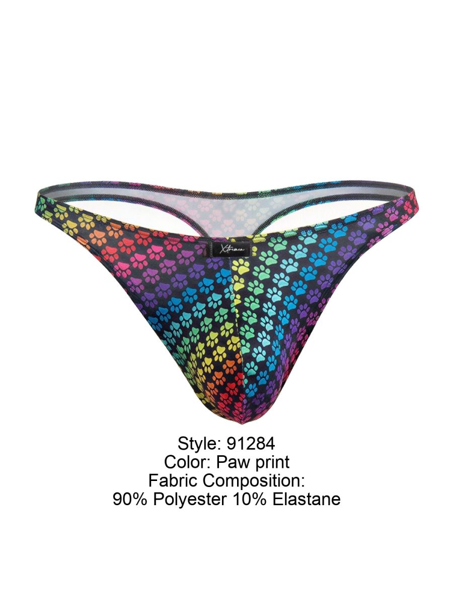 Xtremen 91284 printed microfiber thong rainbow color with playful paw print pattern made of 90 polyester 10 elastane