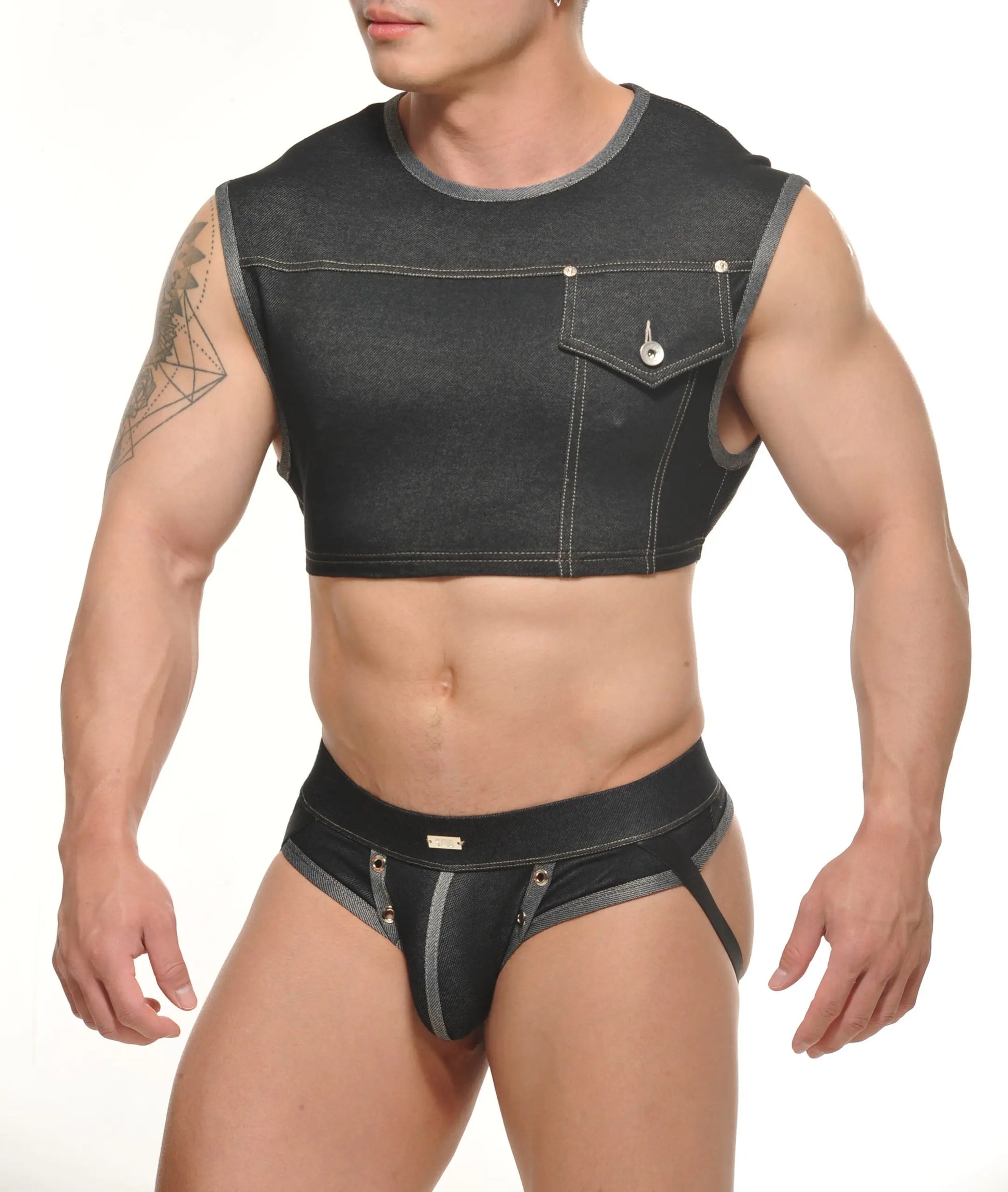 Black denim yannick muscle top crop top with front pocket and silver stitching details