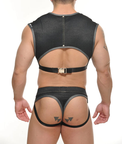 Black denim-like fabric harness with gray trim and gold-toned buckle featured in yannick muscle top