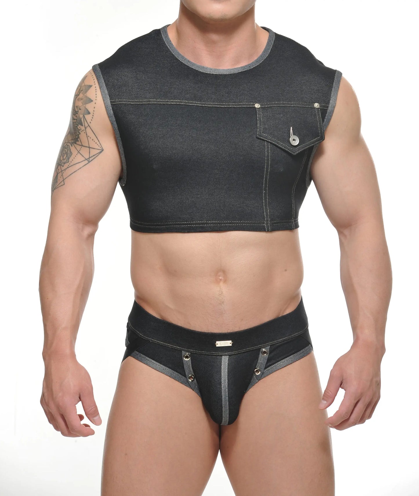 Black denim yannick muscle top crop with front pocket and matching briefs with silver toned hardware