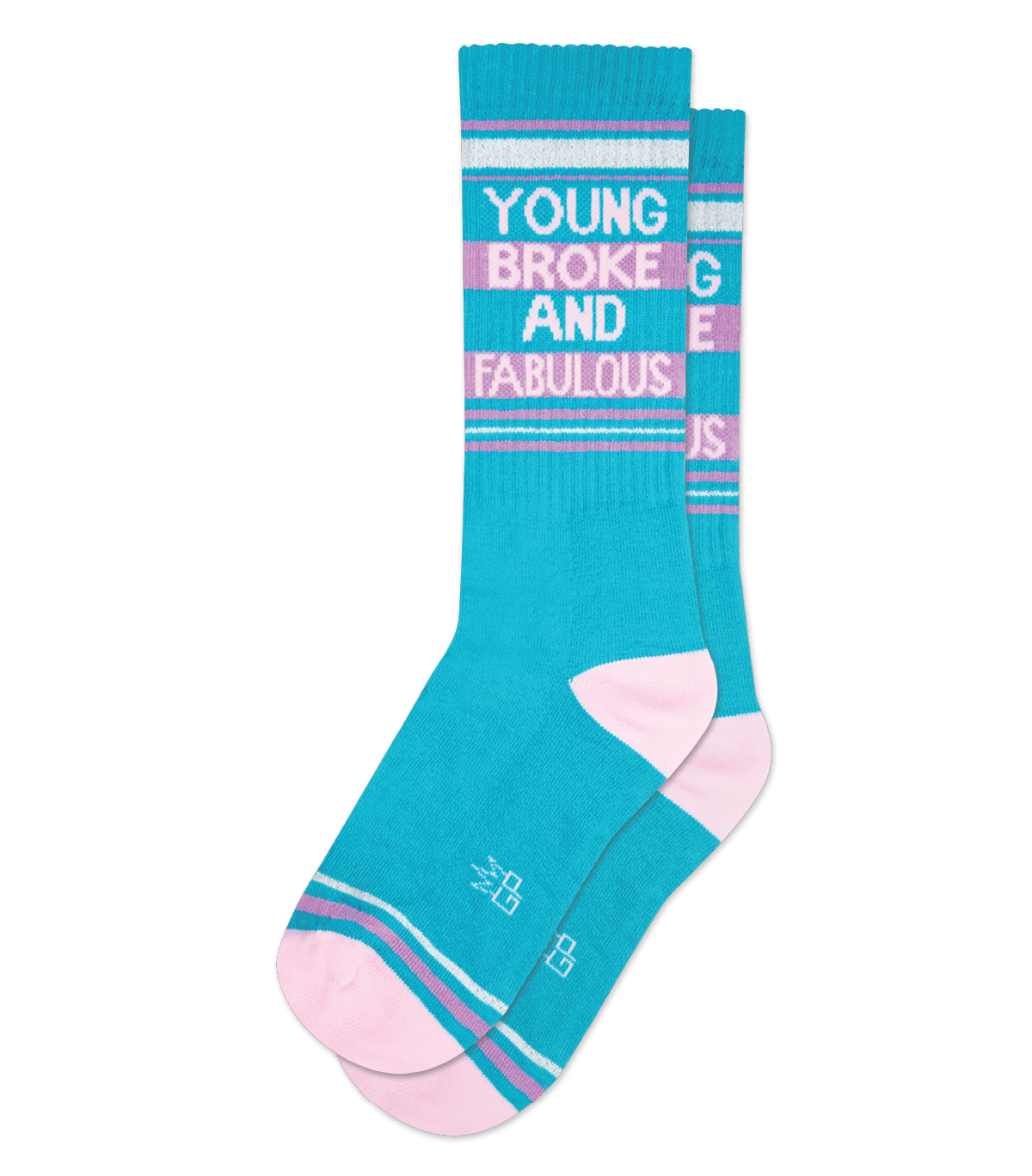 Teal and pink striped young broke and fabulous crew socks with white printed text perfect for casual wear