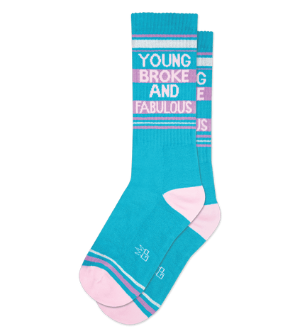 Teal and pink striped young broke and fabulous crew socks with white printed text perfect for casual wear