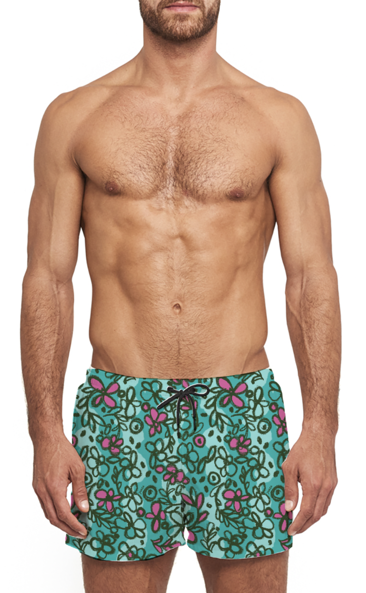 Yuasa Sketchbook Cosmos Swim Short - Turquoise Multi