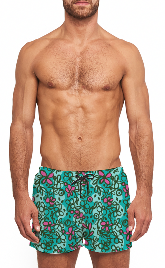 Turquoise multi-color swim shorts featuring a sketchy floral print, with a black drawstring at the waist.