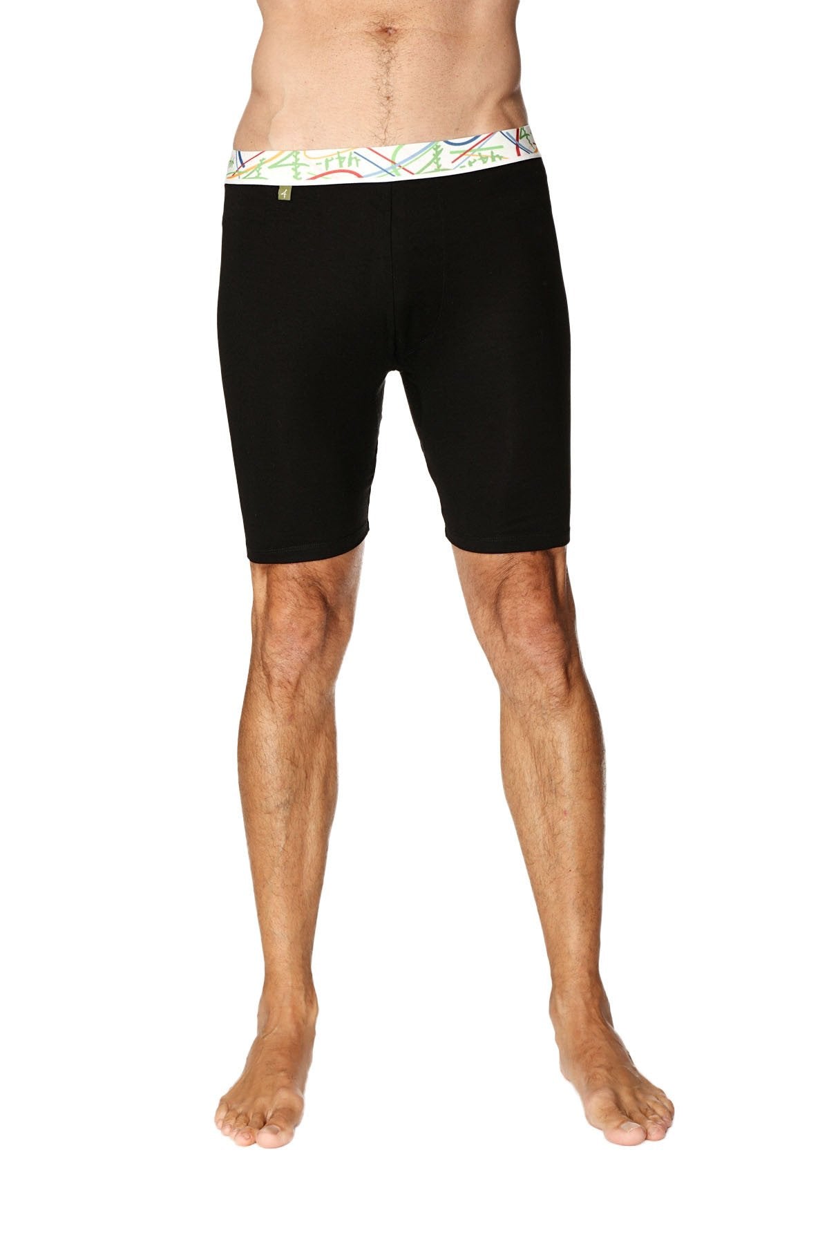 Black yoga compression shorts with colorful geometric patterned waistband shown from the back side
