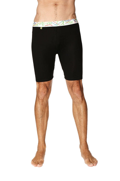 Black yoga compression shorts with colorful geometric patterned waistband shown from the back side
