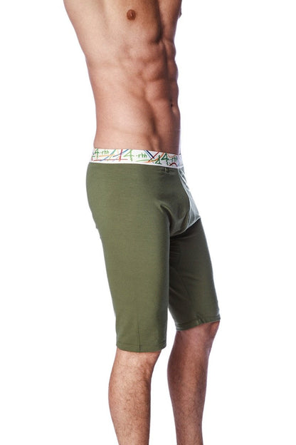Olive green yoga compression shorts with a colorful patterned waistband designed for active wear and support
