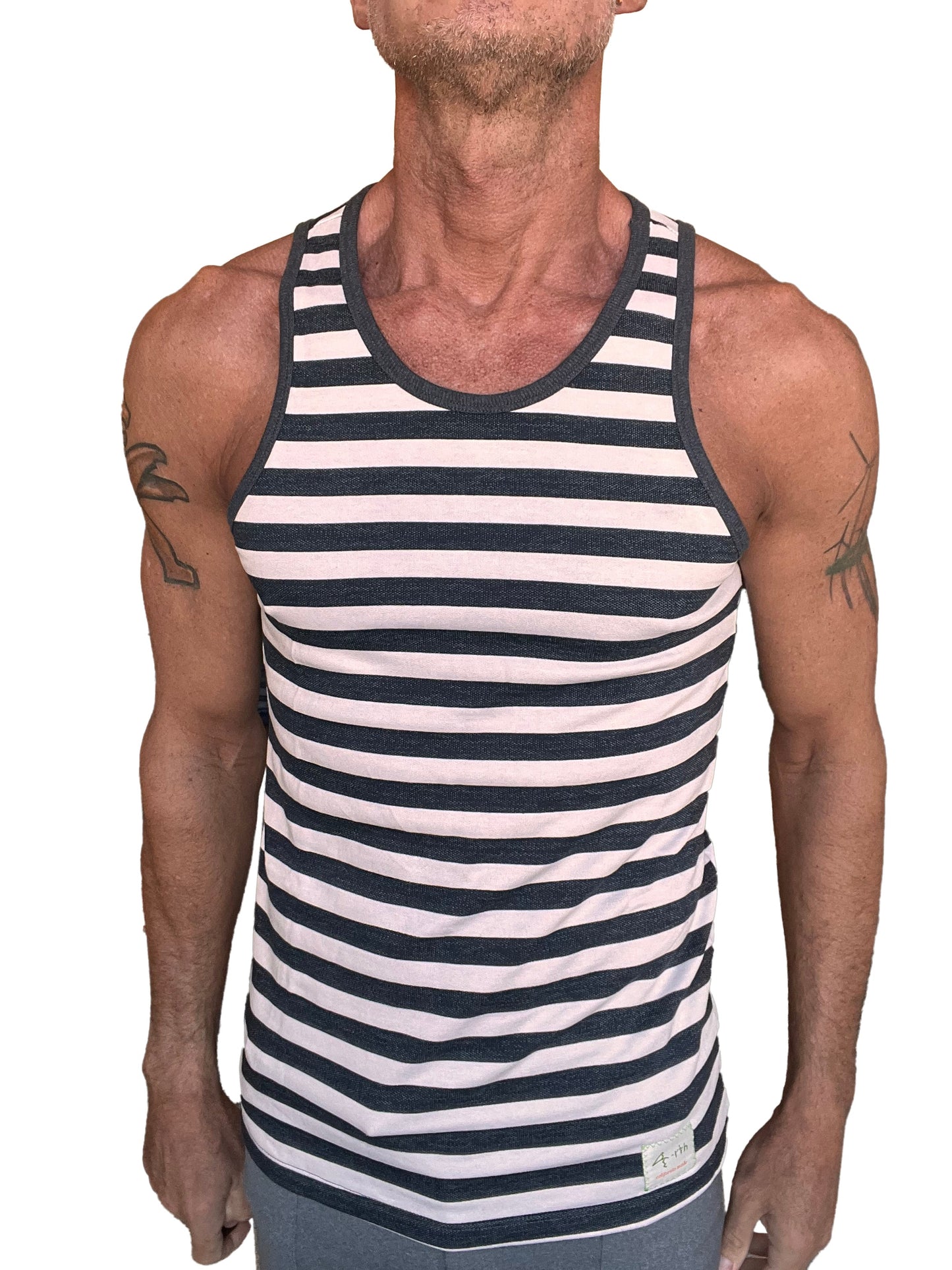 A navy and white striped fleece mens tank top with ribbed neckline and armholes from yummy nautical sustain line