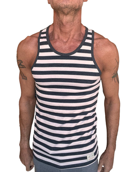 A navy and white striped fleece mens tank top with ribbed neckline and armholes from yummy nautical sustain line