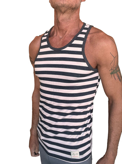 Yummy nautical fleece sustain tank top in black and white stripe with ribbed neckline and armholes for men