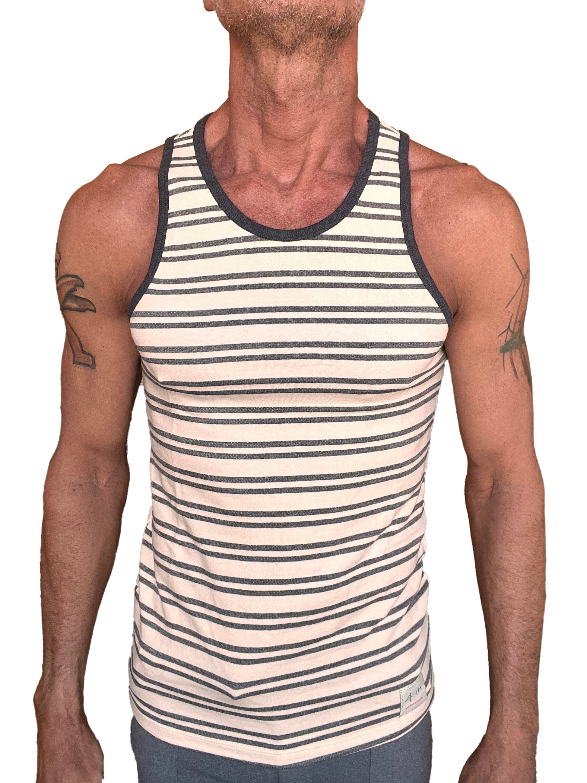 Men’s yummy nautical fleece sustain tank top in dark gray and cream stripes with ribbed neckline and armholes