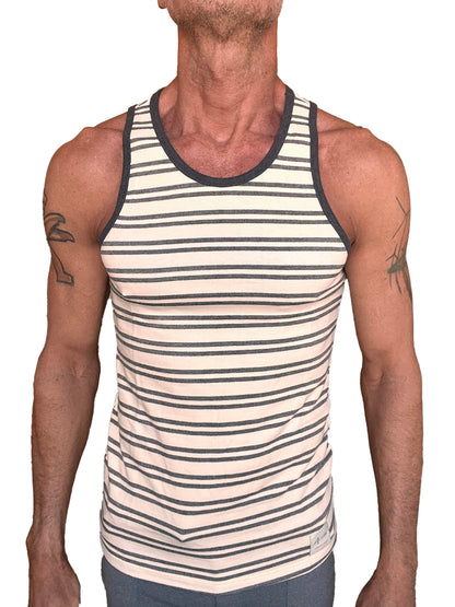 Men’s yummy nautical fleece sustain tank top in dark gray and cream stripes with ribbed neckline and armholes
