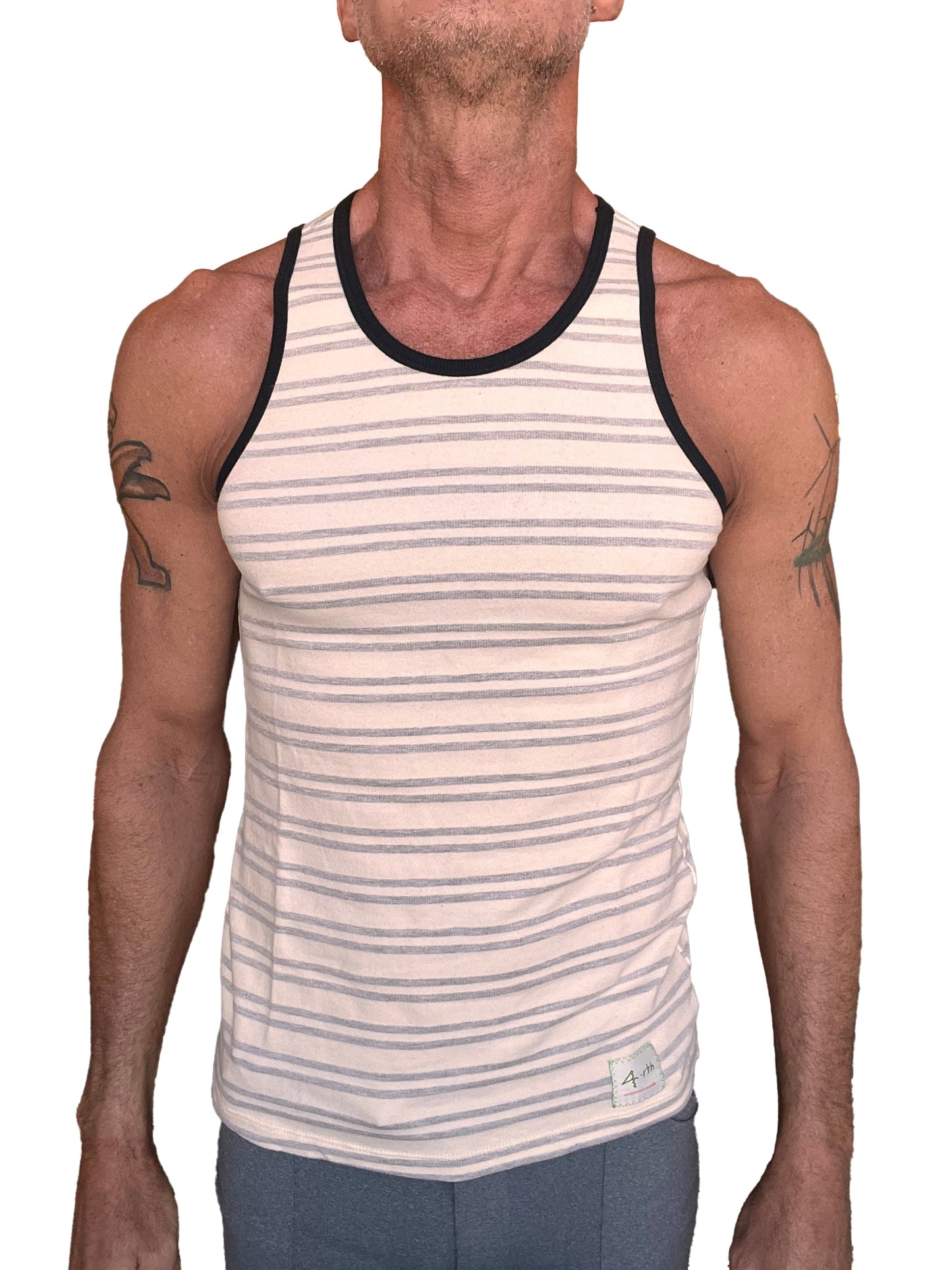 A men’s yummy nautical fleece sustain tank top in light gray stripe with cream and gray horizontal stripes and black ribbed trim