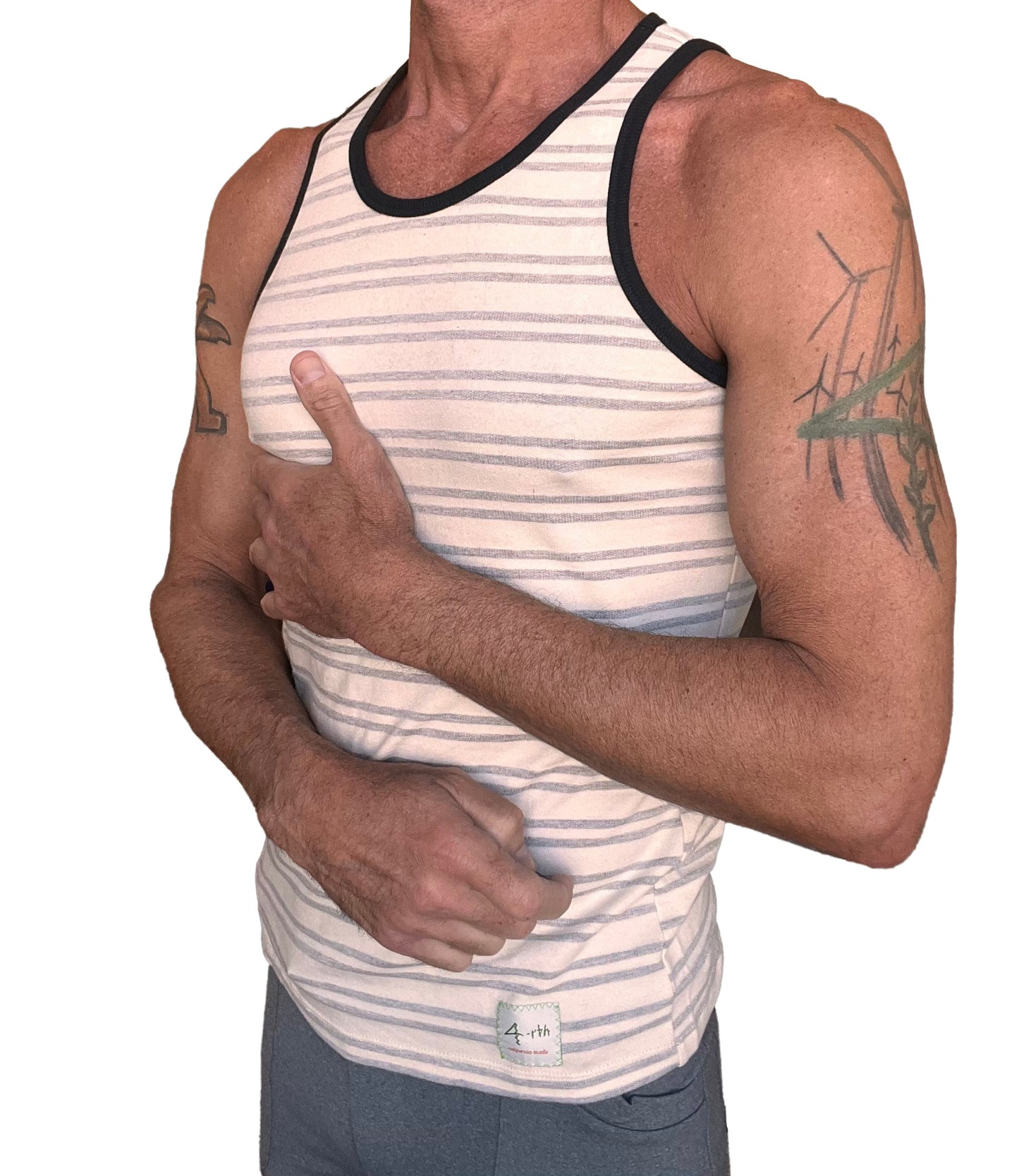 A men’s yummy nautical fleece sustain tank top in light gray stripe with off-white and gray horizontal stripes and black trim
