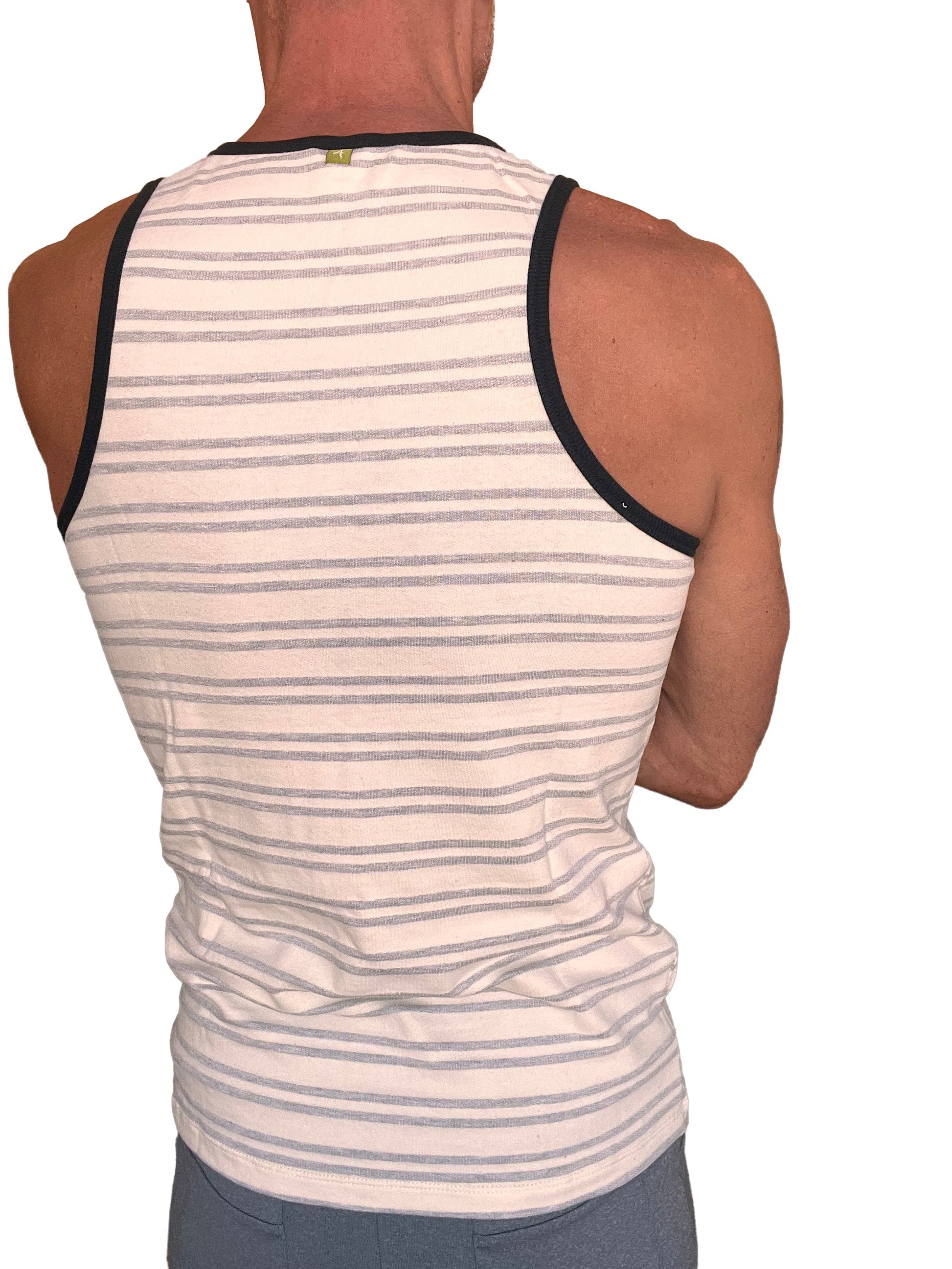A men’s white and gray striped fleece tank top with black trim designed for comfort and casual wear