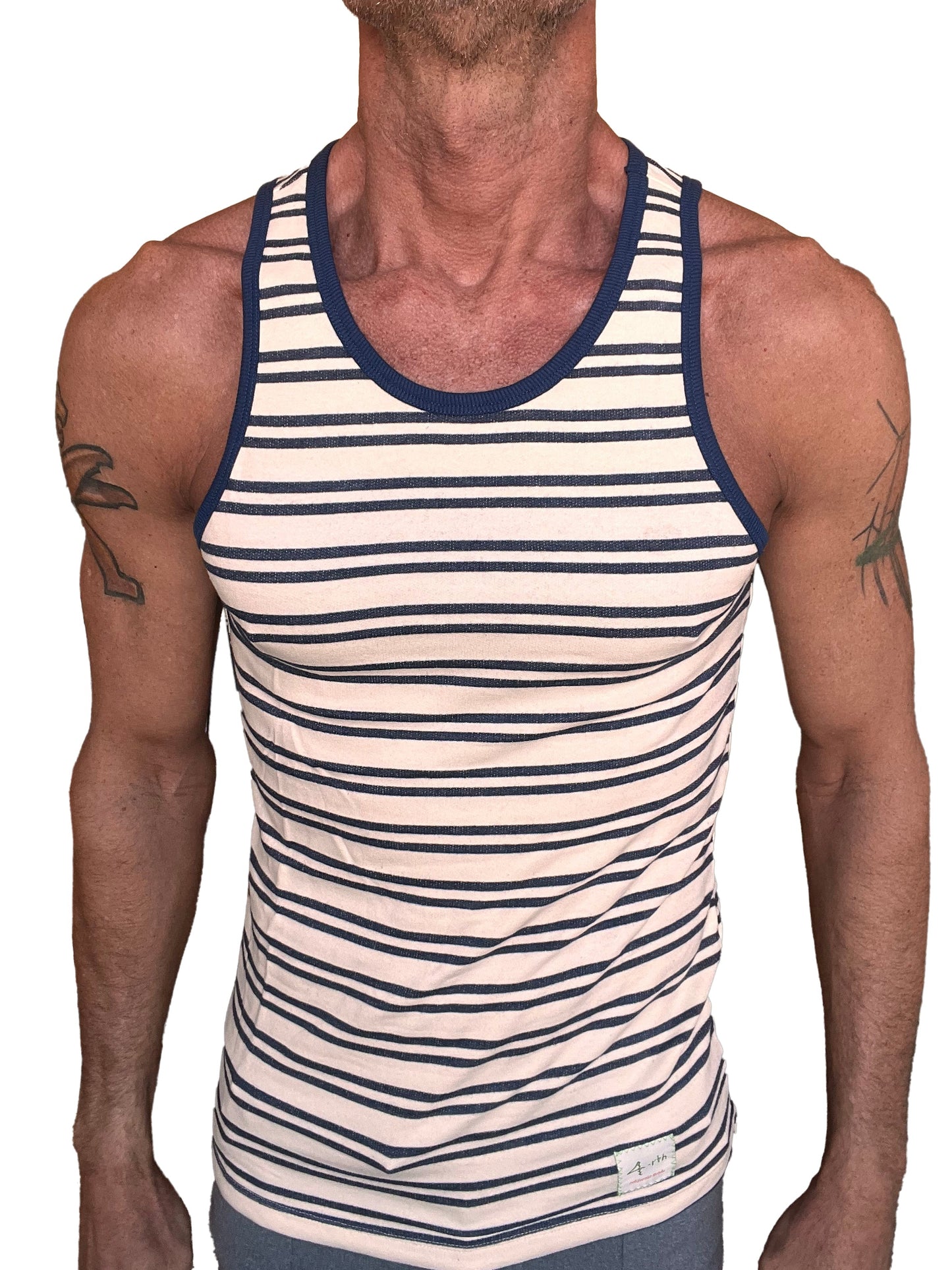 A navy and off-white striped Yummy Nautical Fleece Sustain tank top with ribbed neckline made from fleece material