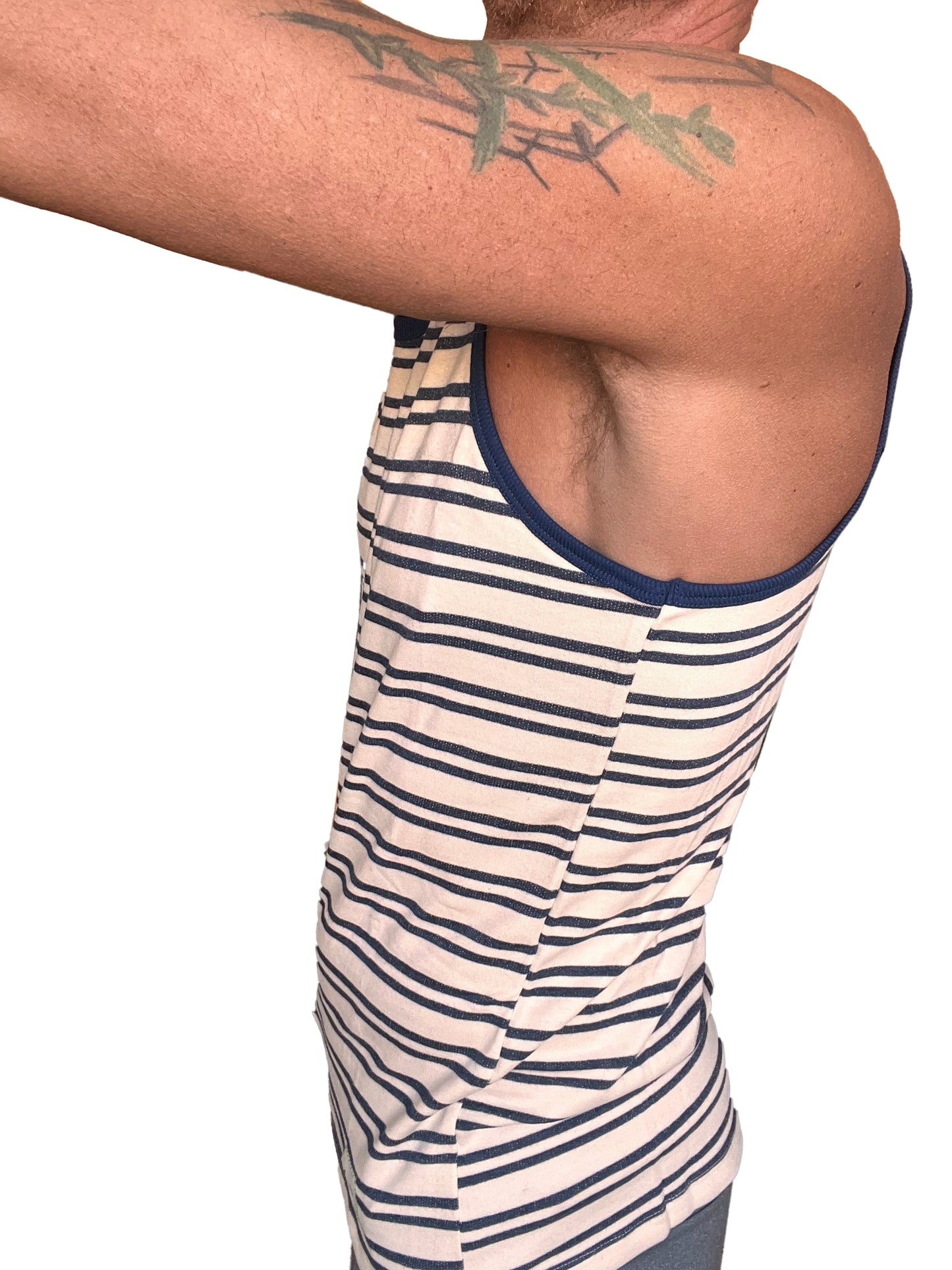 A navy and off-white striped Yummy Nautical Fleece Sustain tank top with ribbed neckline in soft fleece material