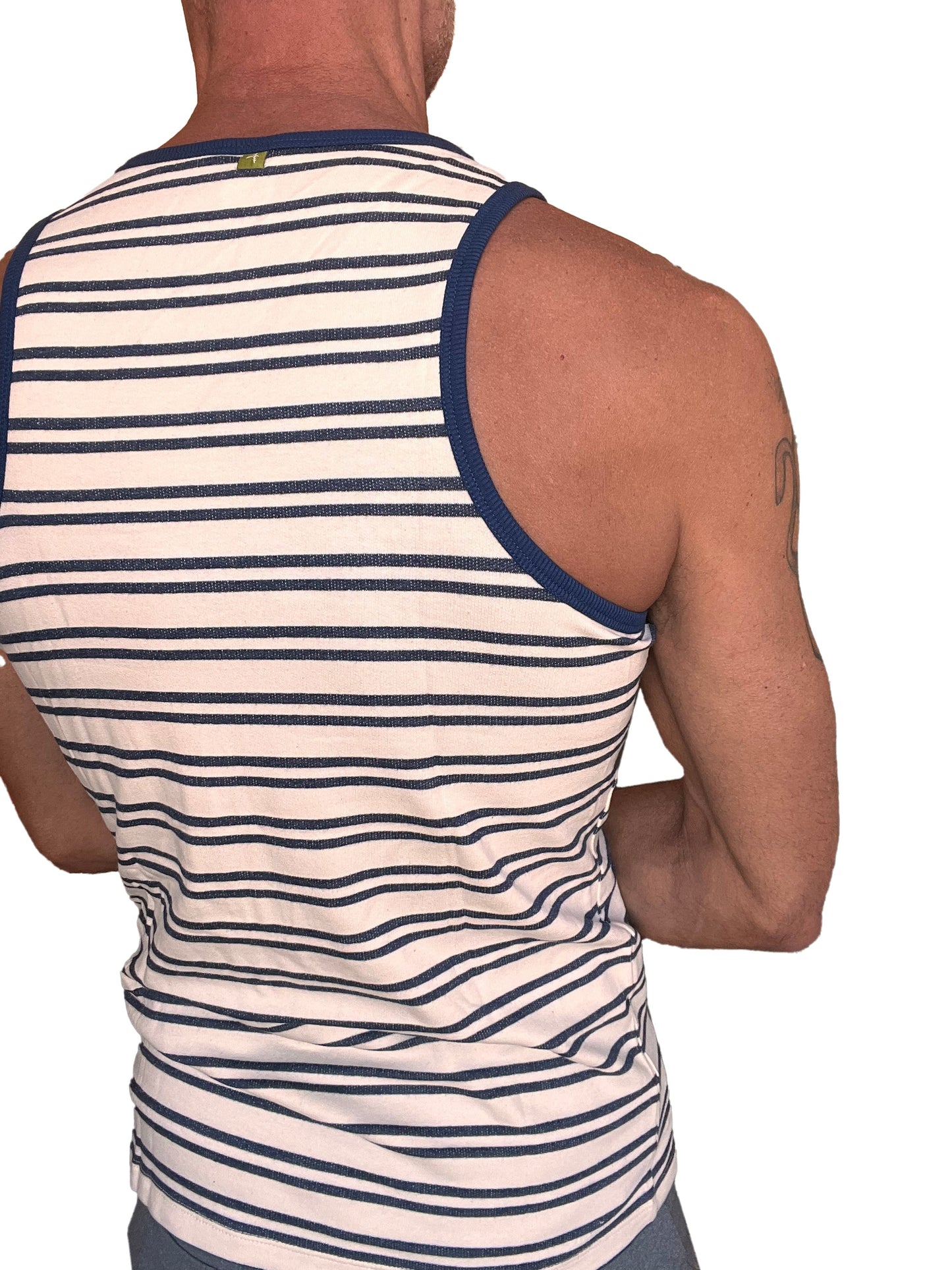 Yummy nautical fleece sustain tank top in navy stripe with ribbed blue trim on neckline and armholes