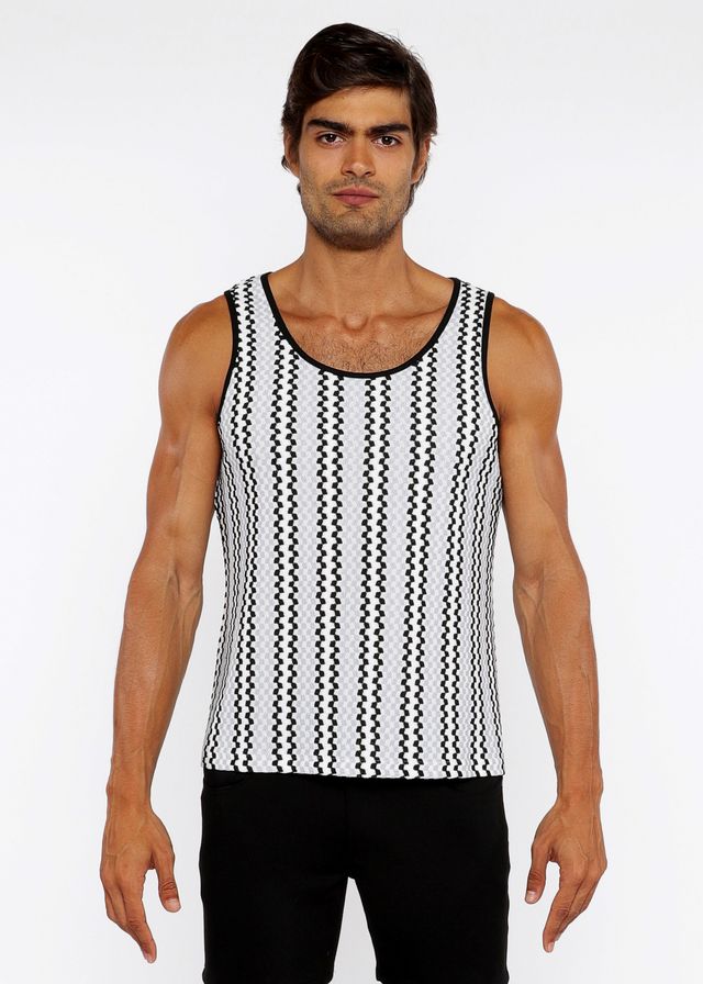 Black and white zigzag stripes open knit tank top with rounded neckline in a breathable knit fabric