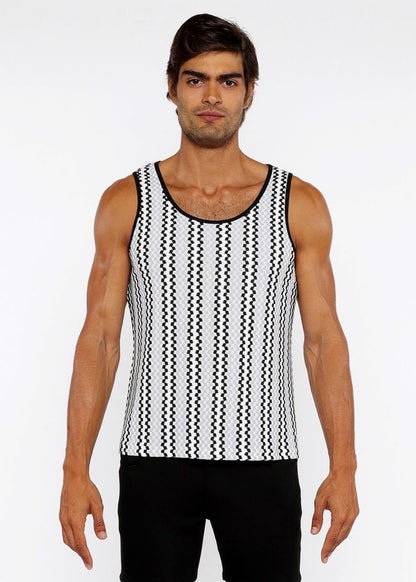 Black and white zigzag stripes open knit tank top with rounded neckline in a breathable knit fabric