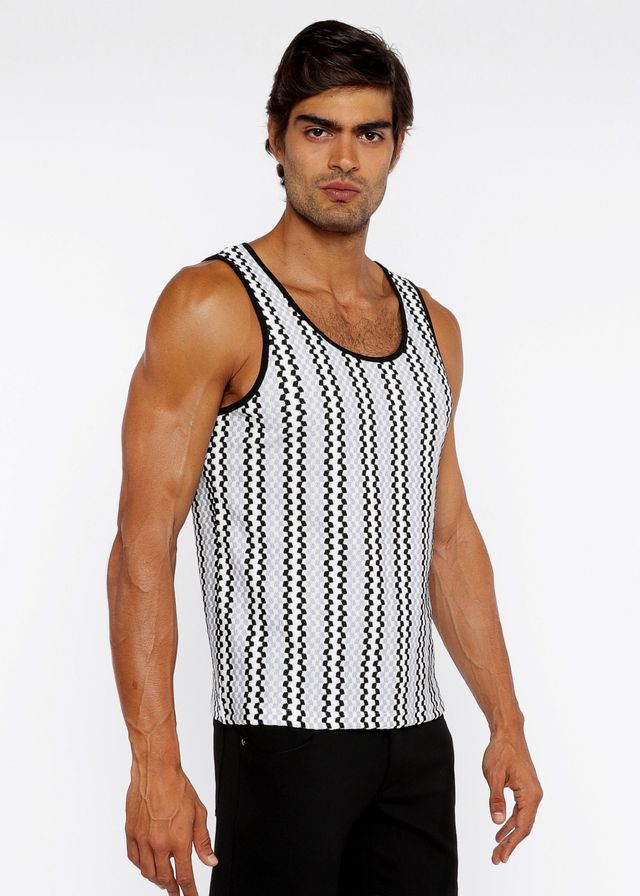 Black and white sleeveless open knit tank top with zigzag stripes and rounded neckline for casual wear