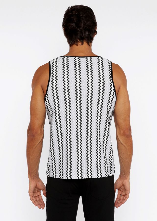 Black and white vertically striped knit tank top with a textured wavy pattern and open knit design
