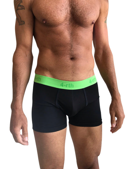 Black zen boxer brief with bright neon green 4-rth waistband designed for comfortable everyday wear