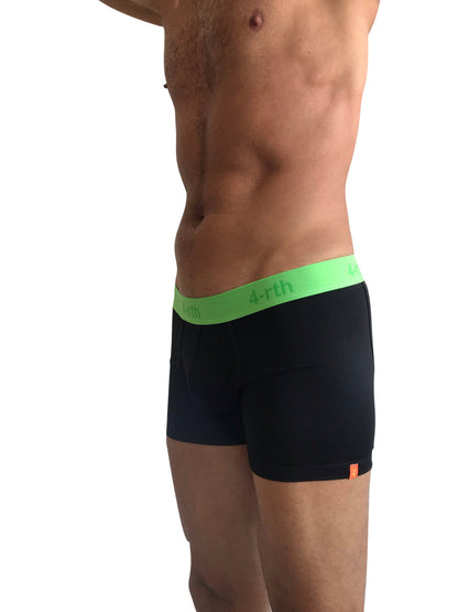 Black zen boxer brief with bright green 4-rth waistband and orange side tag for comfortable daily wear