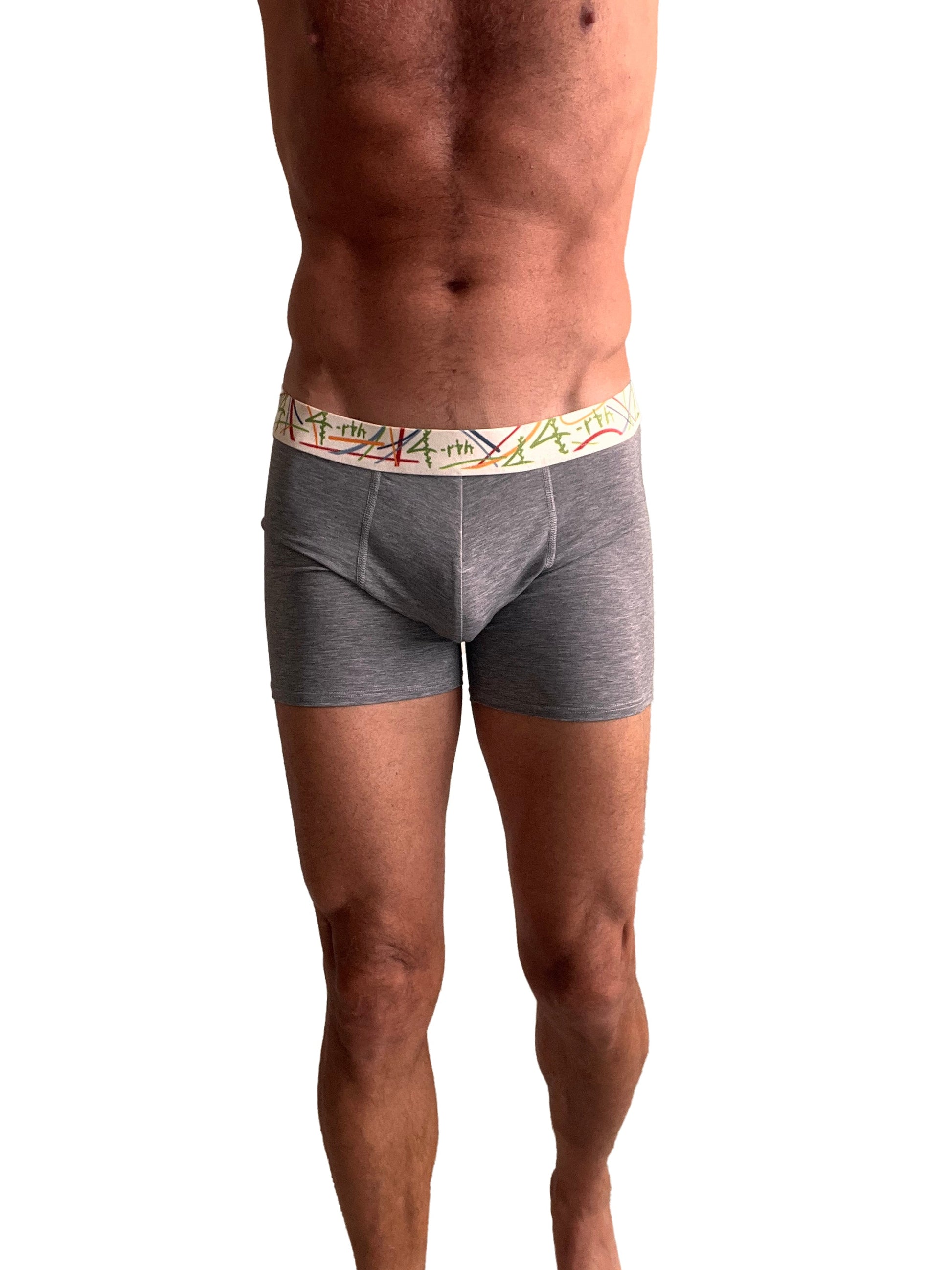 Gray heathered zen boxer briefs with colorful patterned waistband in charcoal grey stripe design