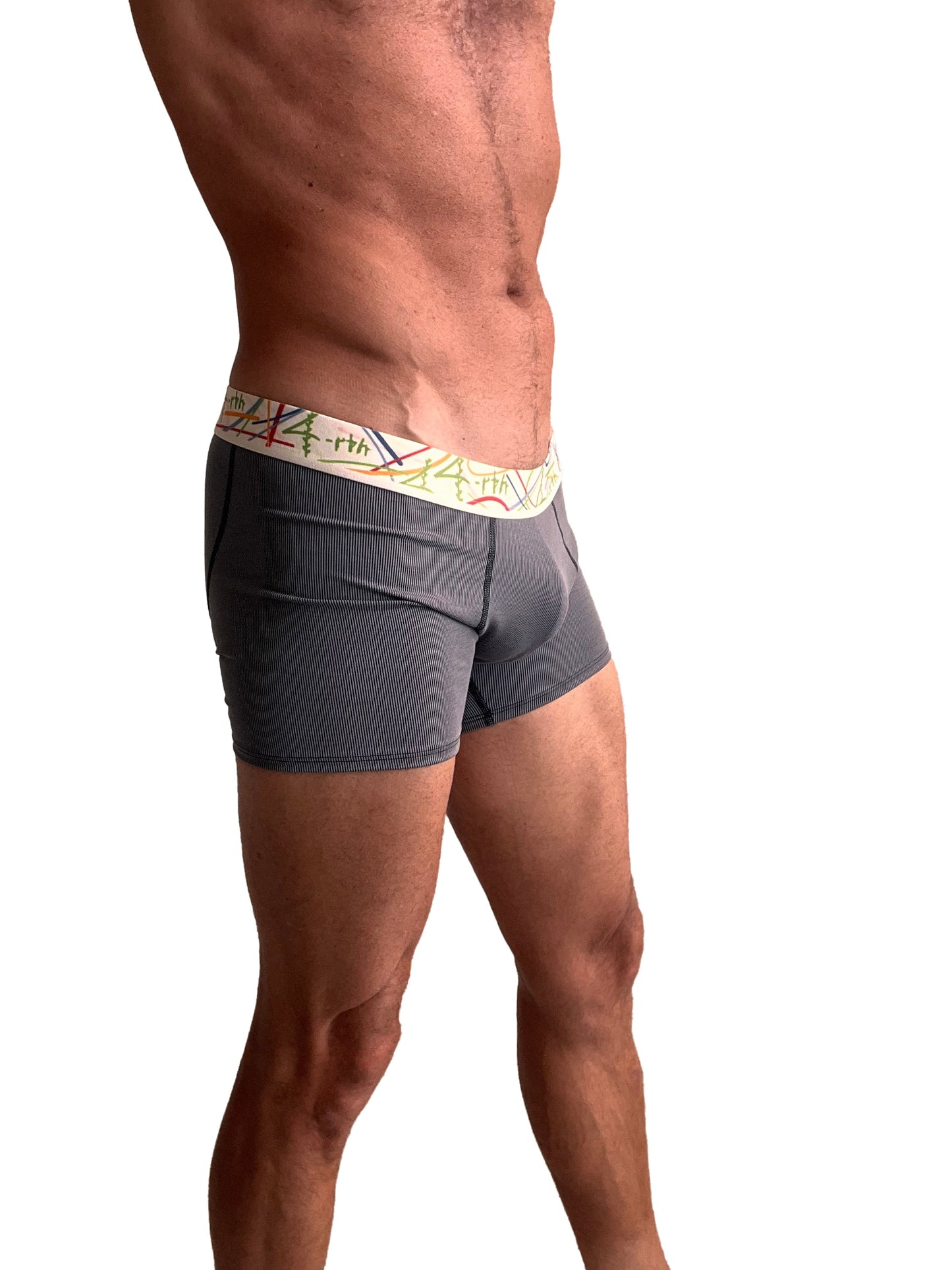 Charcoal grey stripe zen boxer brief with gray textured fabric and colorful patterned waistband shown from the front