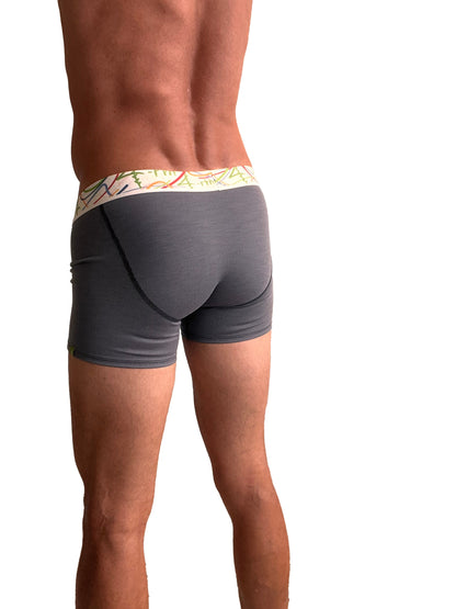Gray textured zen boxer briefs with colorful patterned waistband and charcoal grey stripe design