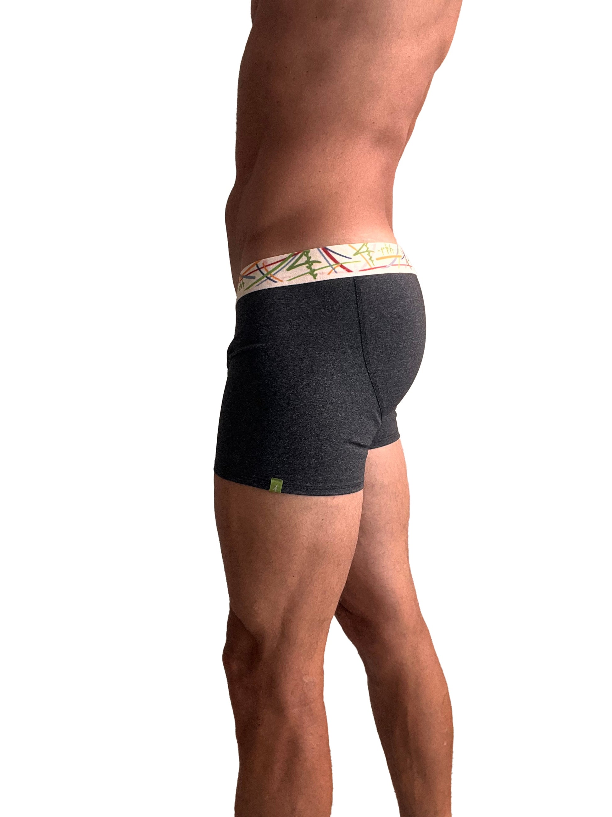 Zen boxer brief charcoal grey heathered fabric with green and red geometric patterned waistband
