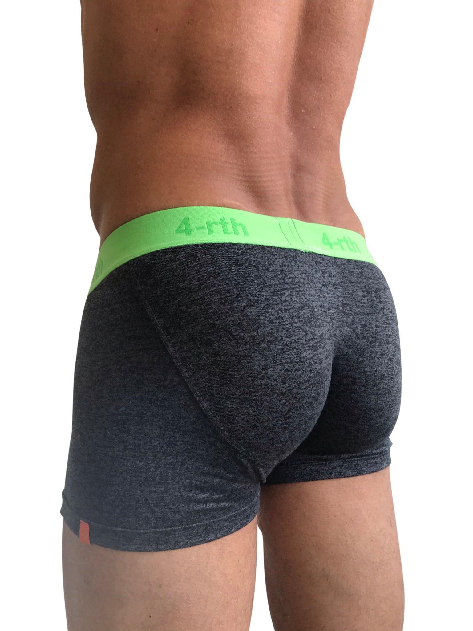 Zen boxer brief charcoal grey dark gray heathered fabric with neon green 4-rth brand waistband front view