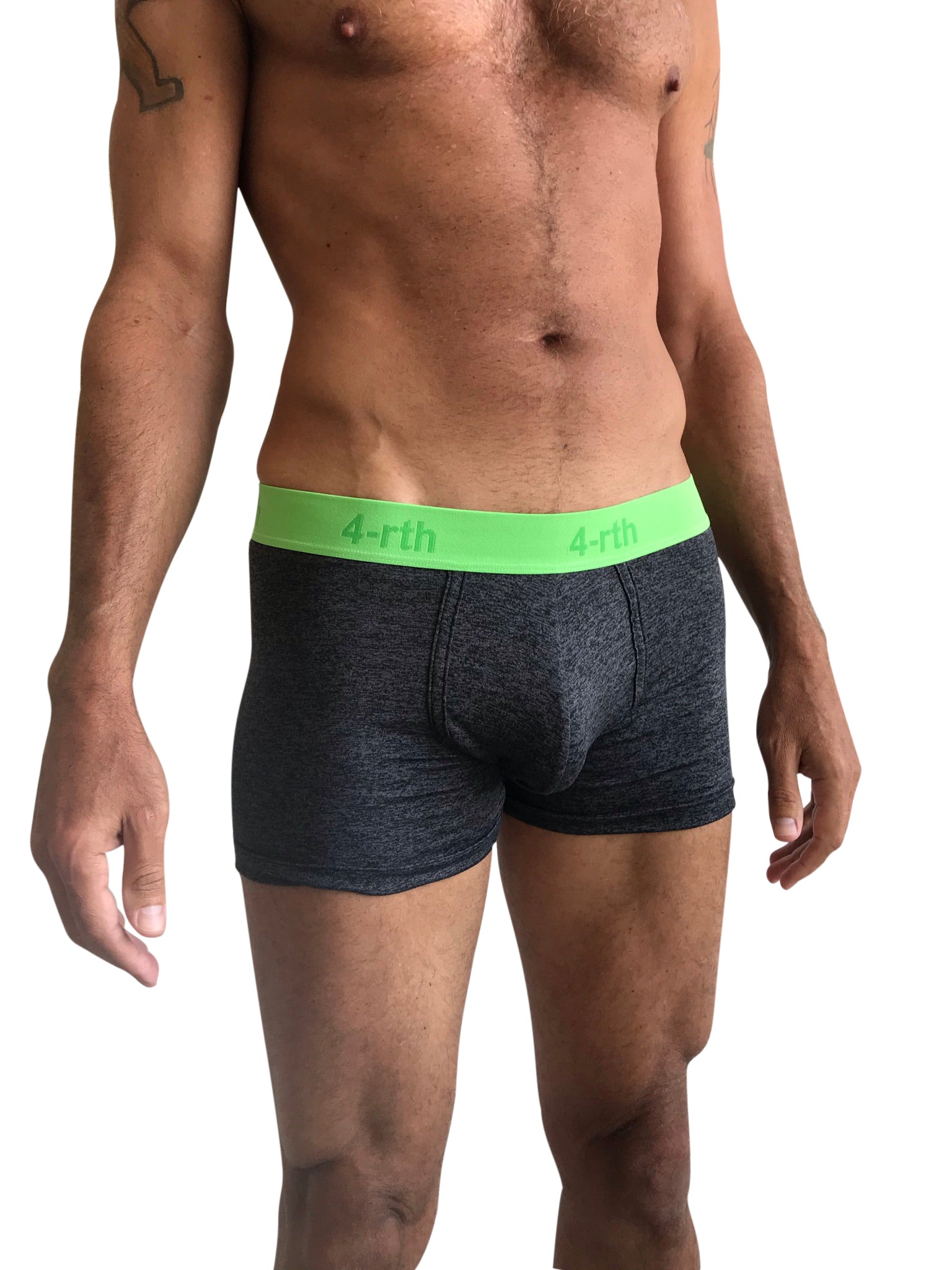 Dark gray heathered zen boxer brief with bright neon green waistband featuring 4rth logo for comfortable wear
