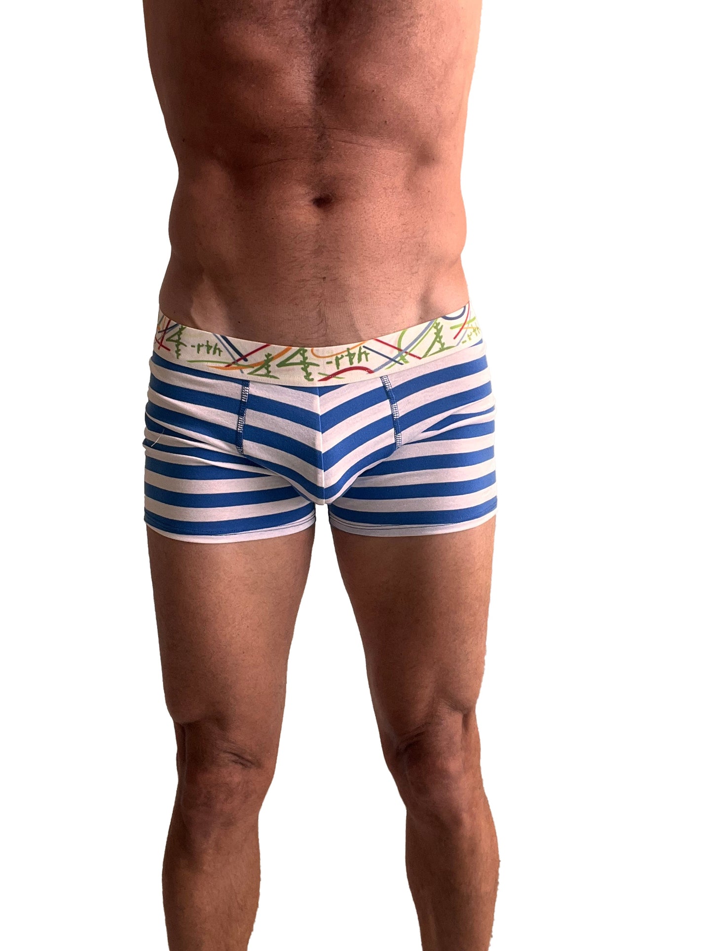 Blue and white striped men’s boxer briefs with decorative colorful elastic waistband nautical blue stripe design