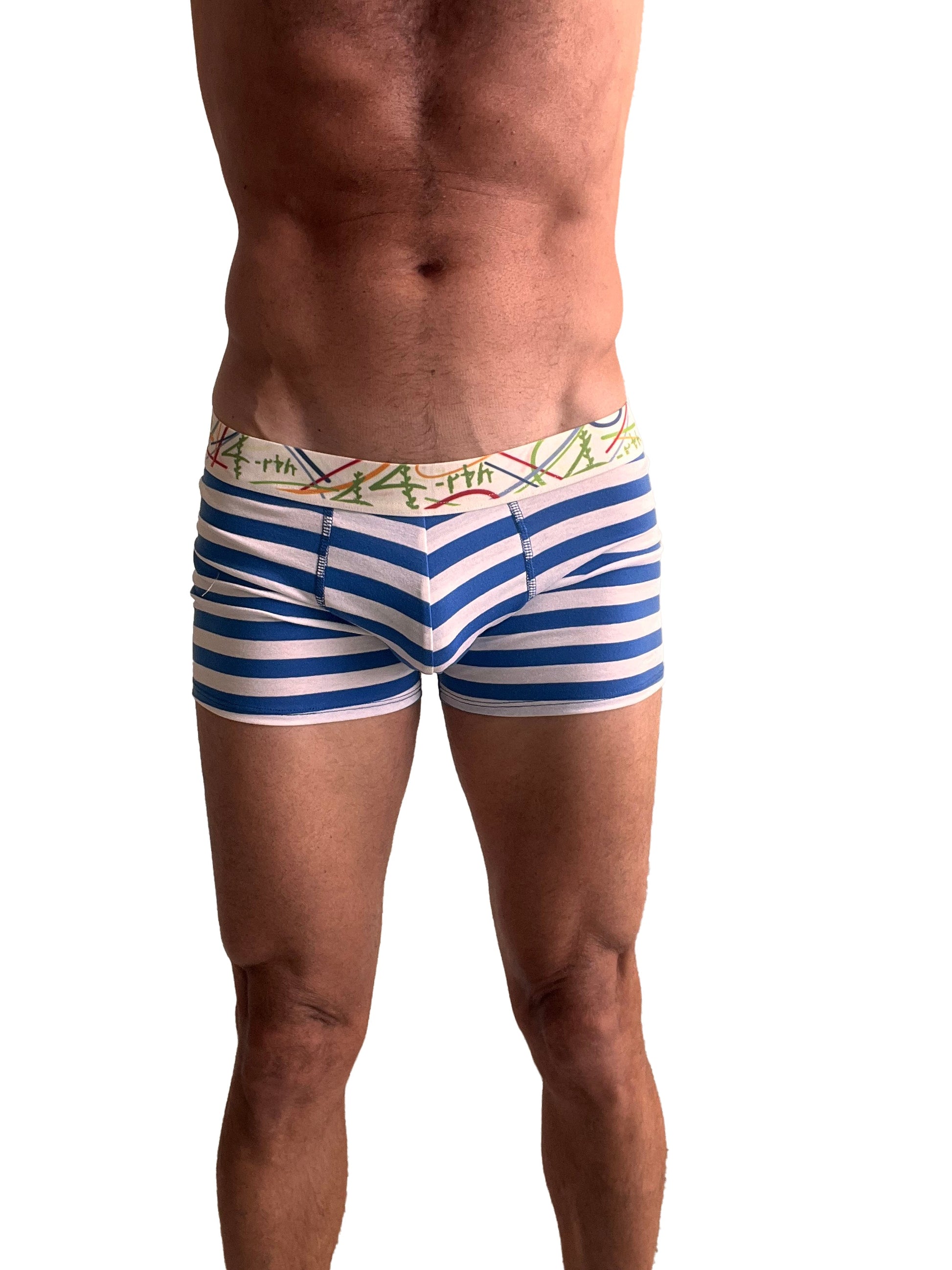 Blue and white striped men’s boxer briefs with decorative colorful elastic waistband nautical blue stripe design