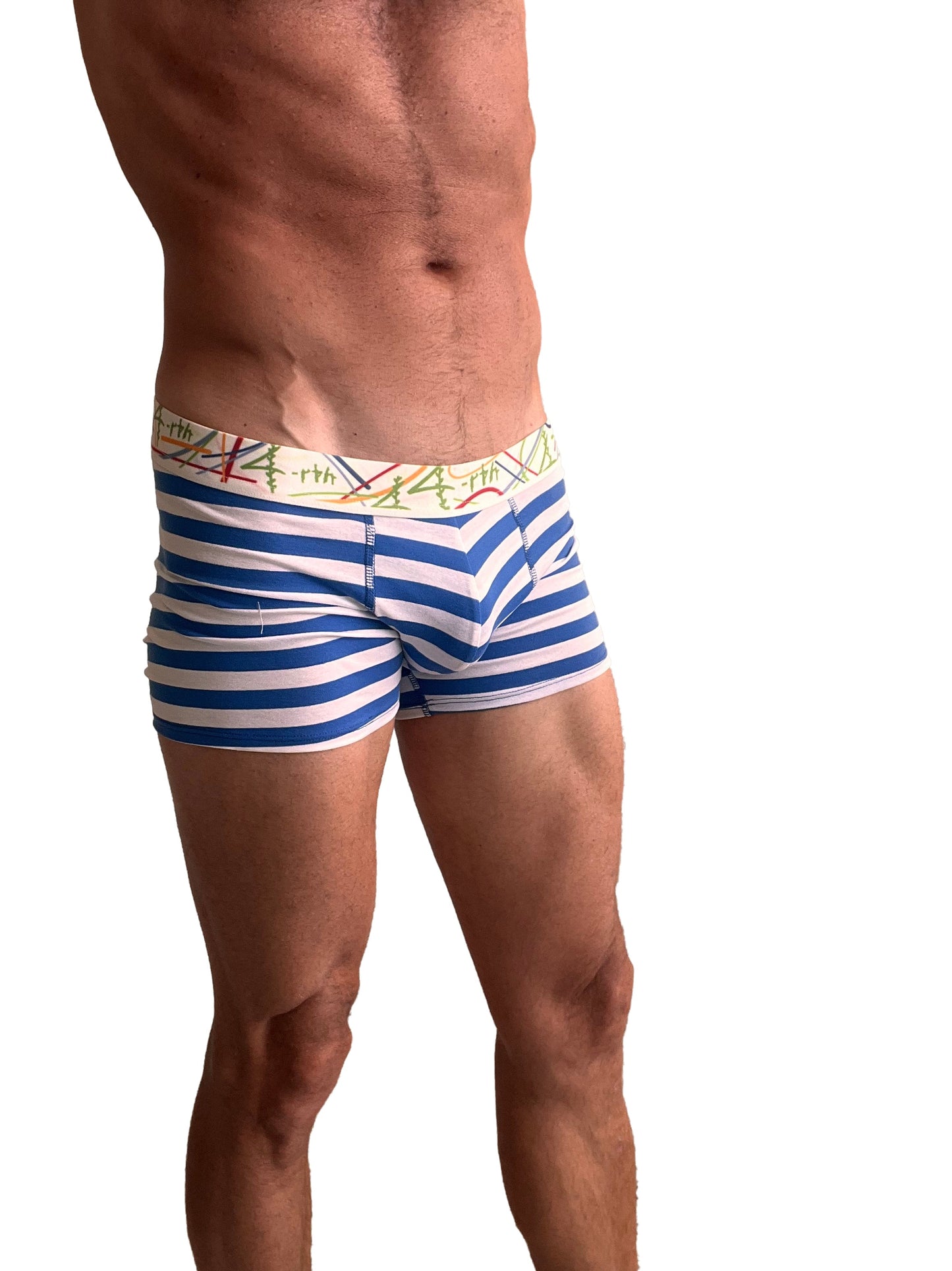 Zen boxer brief nautical blue stripe featuring blue and white stripes with a colorful patterned waistband for men