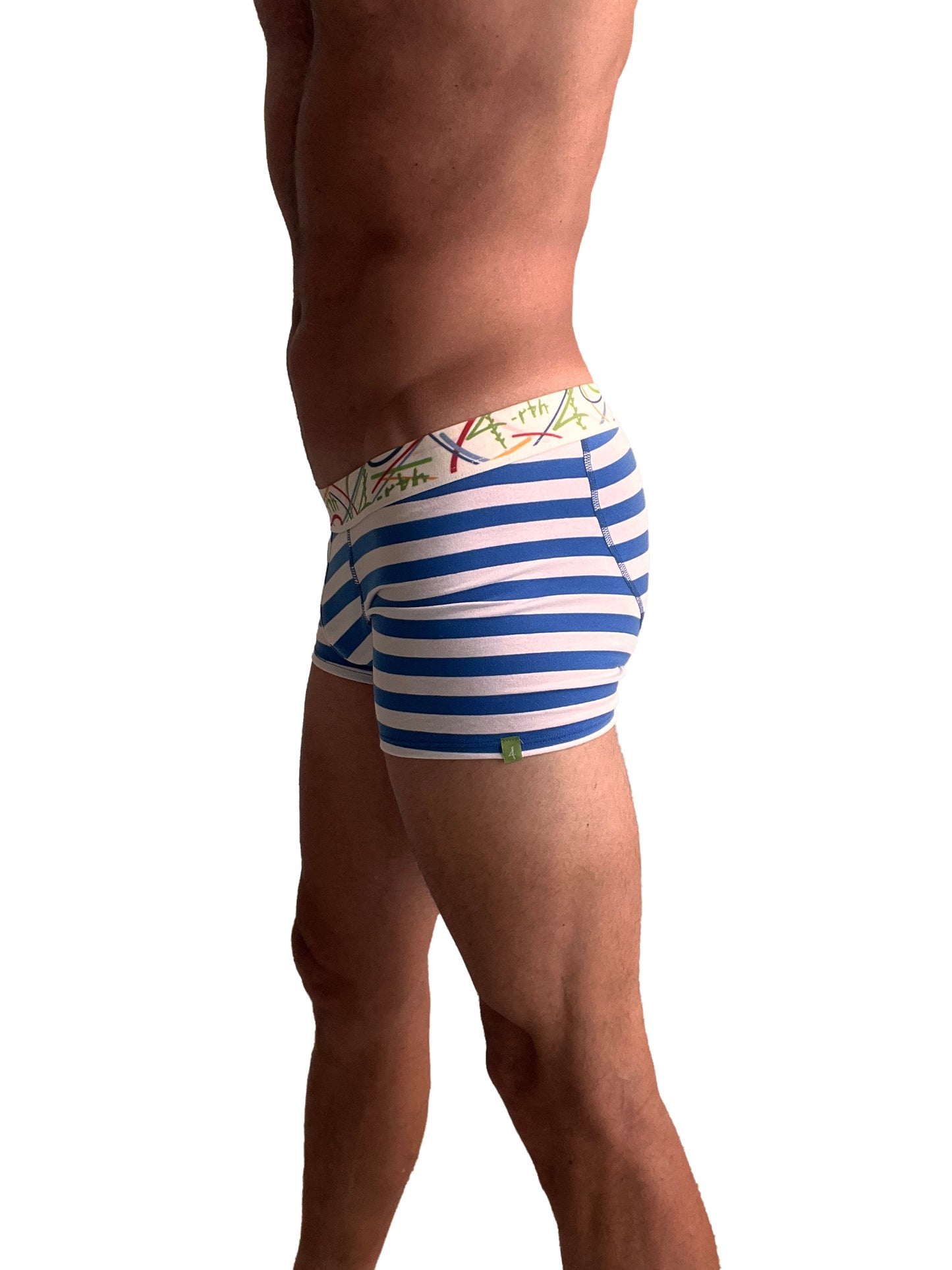 Men’s zen boxer brief in nautical blue stripe with colorful doodle style waistband pattern