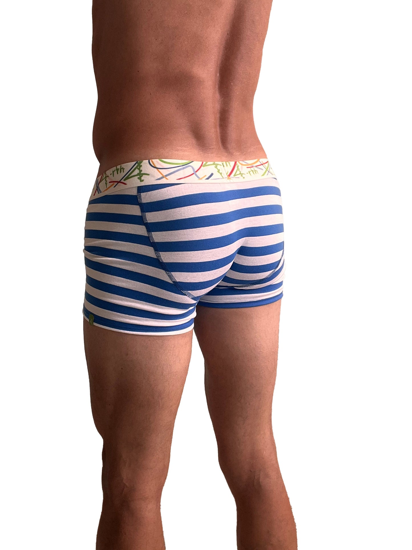 Zen boxer brief in nautical blue stripe featuring blue and white stripes with a colorful abstract waistband pattern