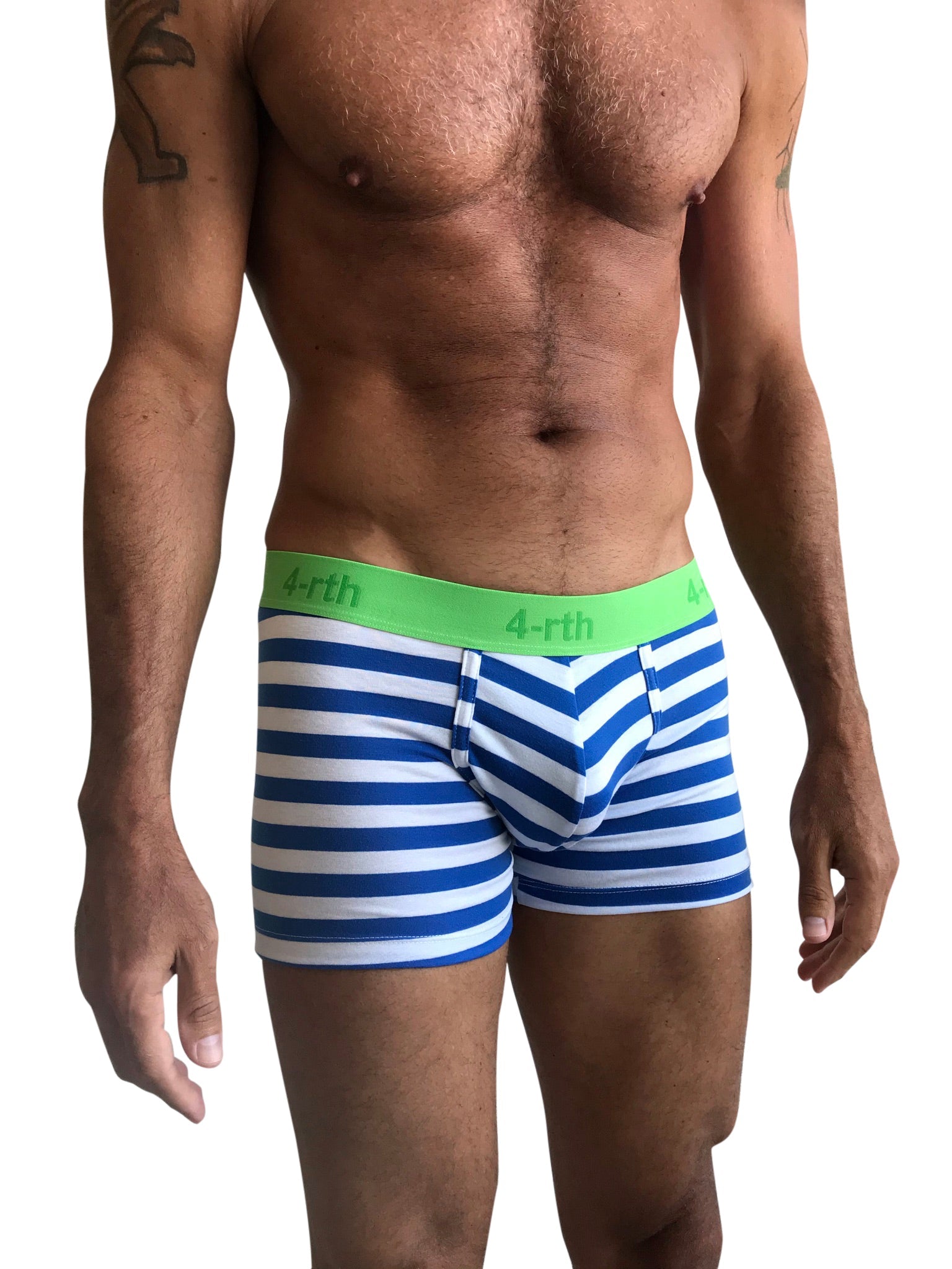 Blue and white striped zen boxer briefs with bright green waistband featuring 4-rth brand logo nautical style